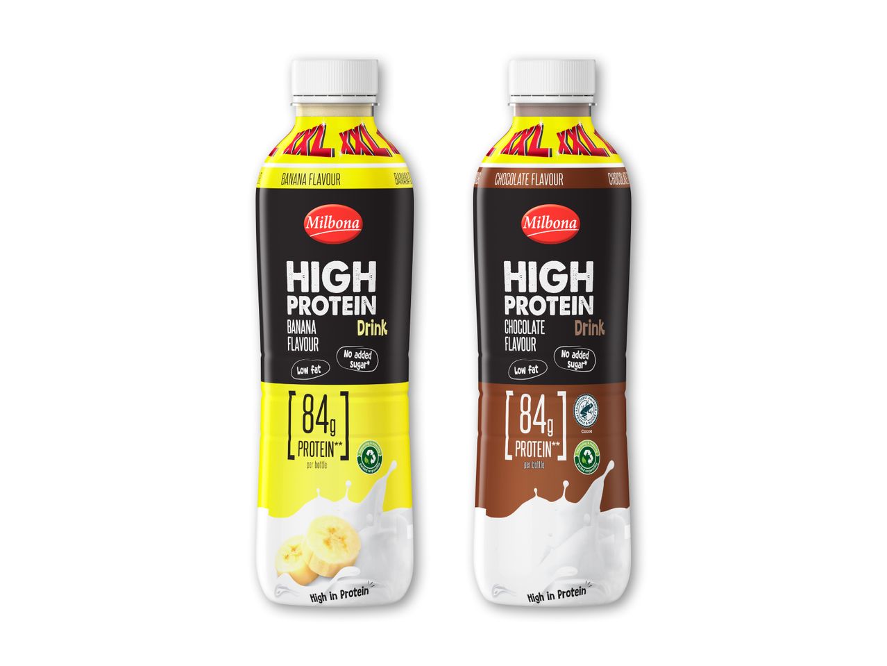 To højprotein-drikke i banan- og chokoladesmag, med 84g protein per flaske.