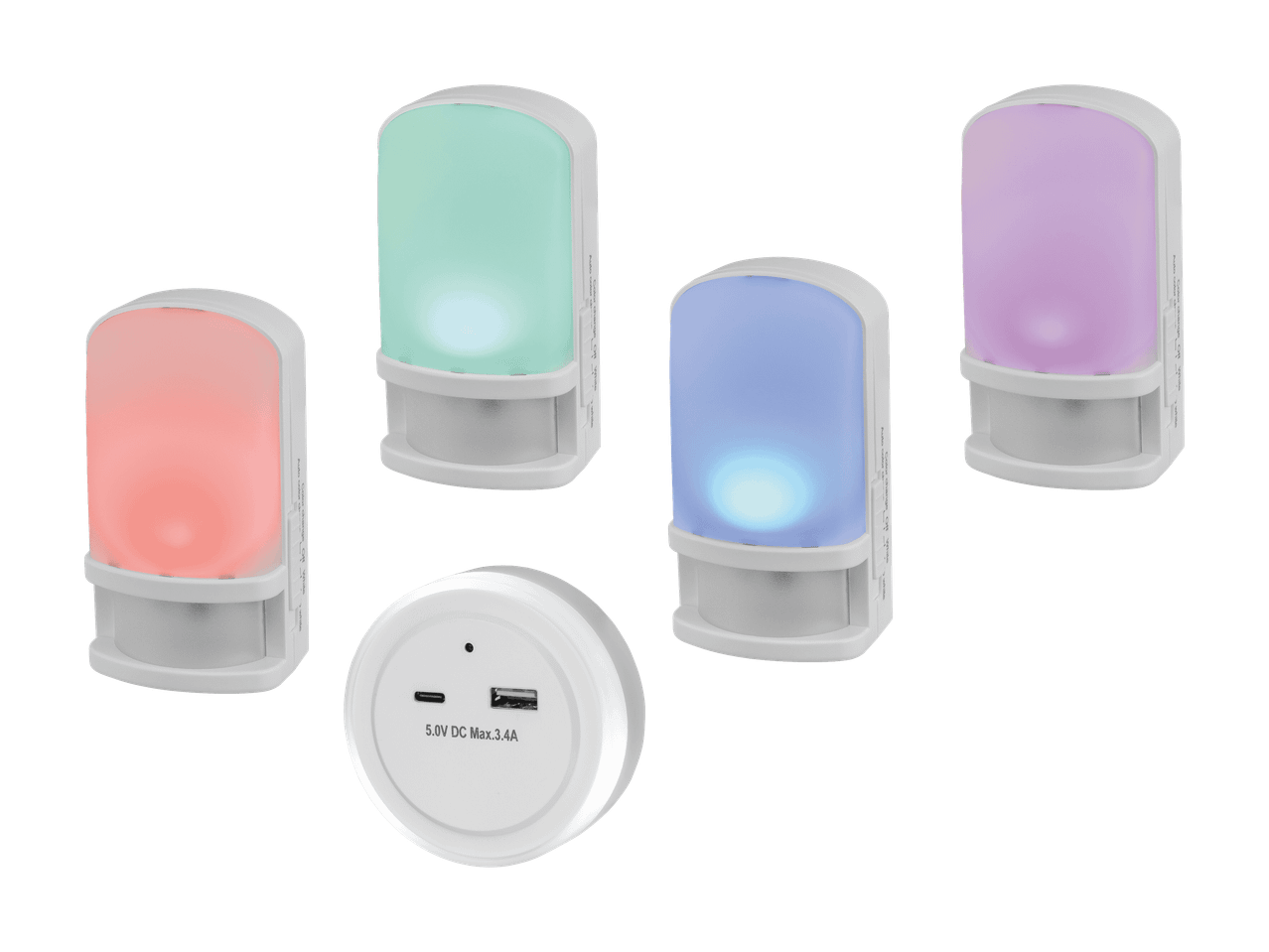 Quatre veilleuses à capteur de mouvement, éclairées en bleu, violet, vert et rouge.