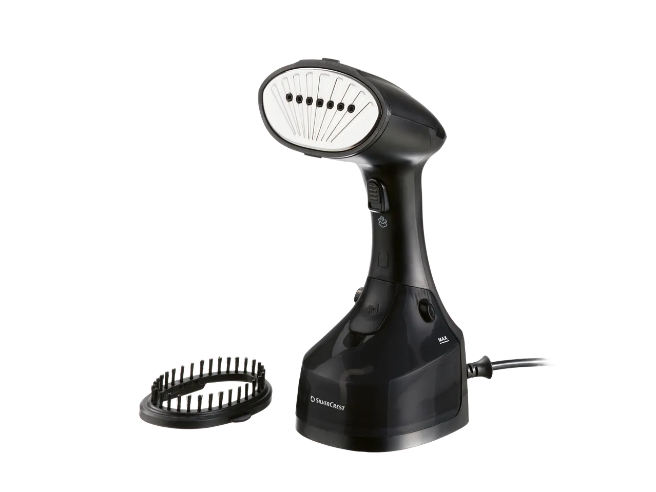 Escova a vapor Silvercrest® e acessório de escova em fundo preto.