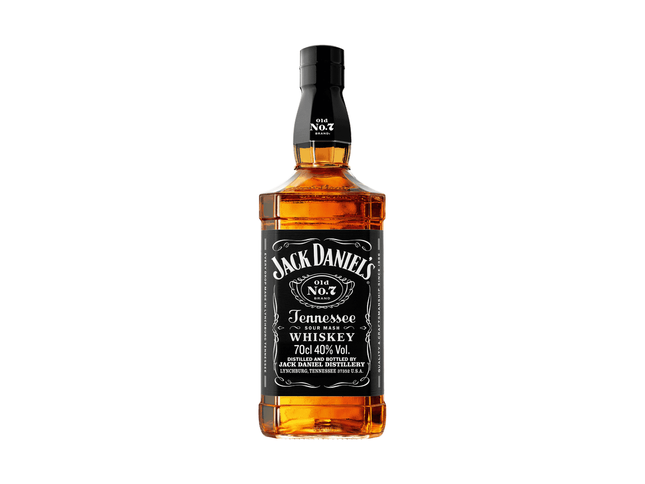 Jack Daniel's Old No. 7 Tennessee Whiskey Flasche auf schwarzem Hintergrund.