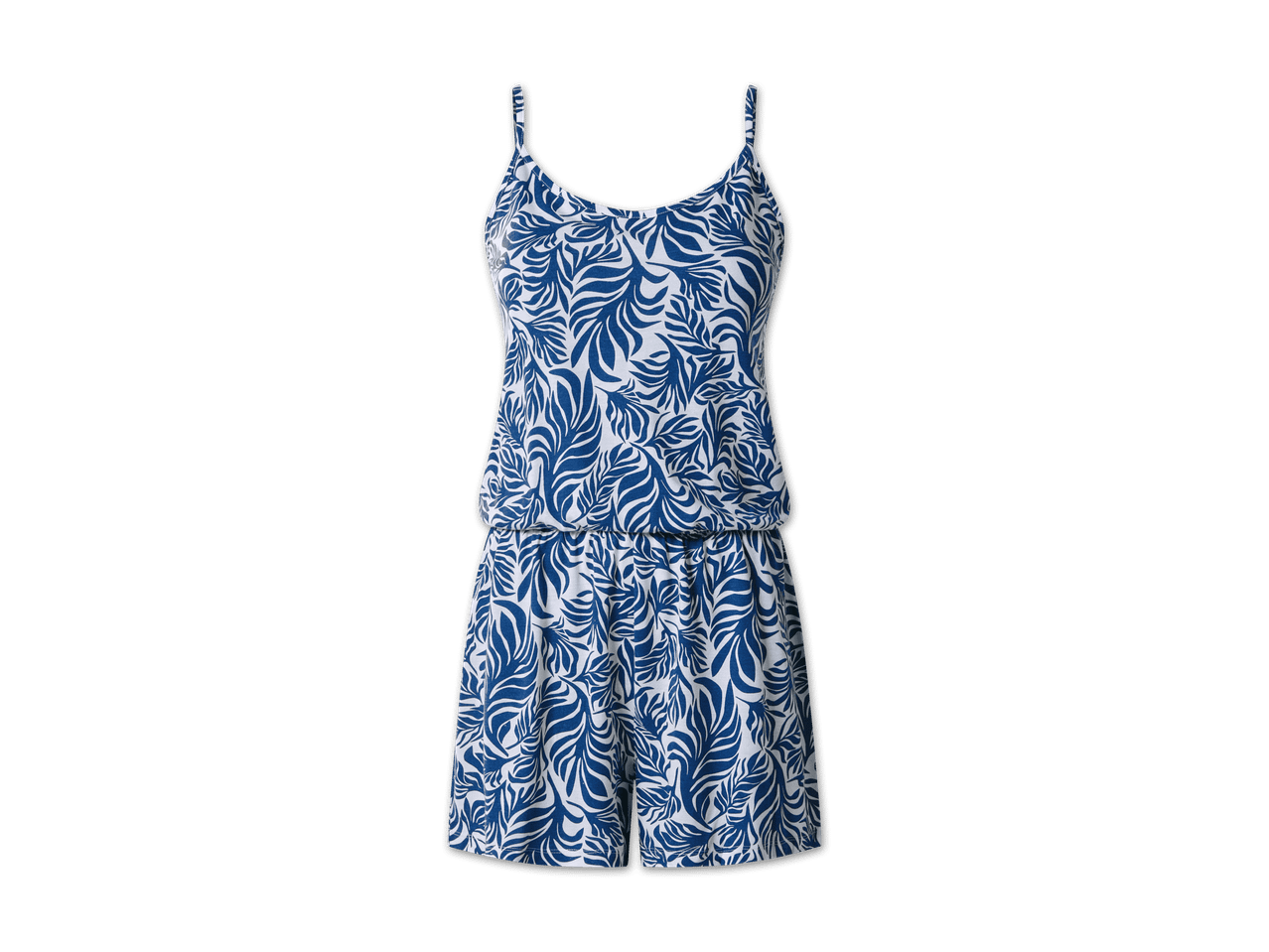 Blauer und weißer Playsuit mit Blattmuster