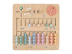 Wooden educational toy with a maze, number sliders, and arithmetic symbols for learning math.