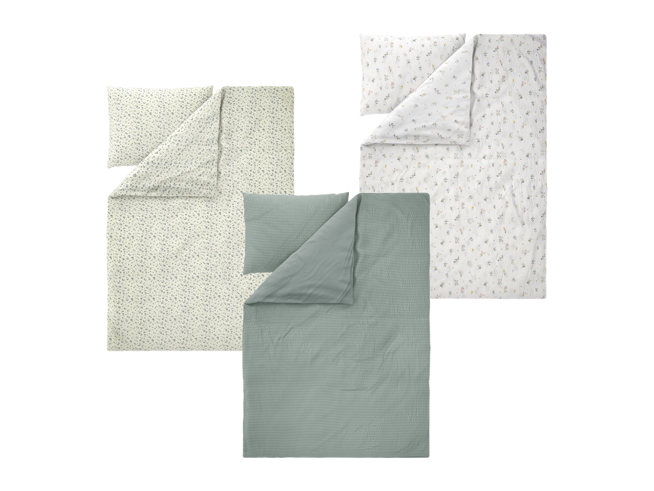 Setovi posteljine s cvjetnim uzorkom i jednobojni set posteljine u zelenoj boji.