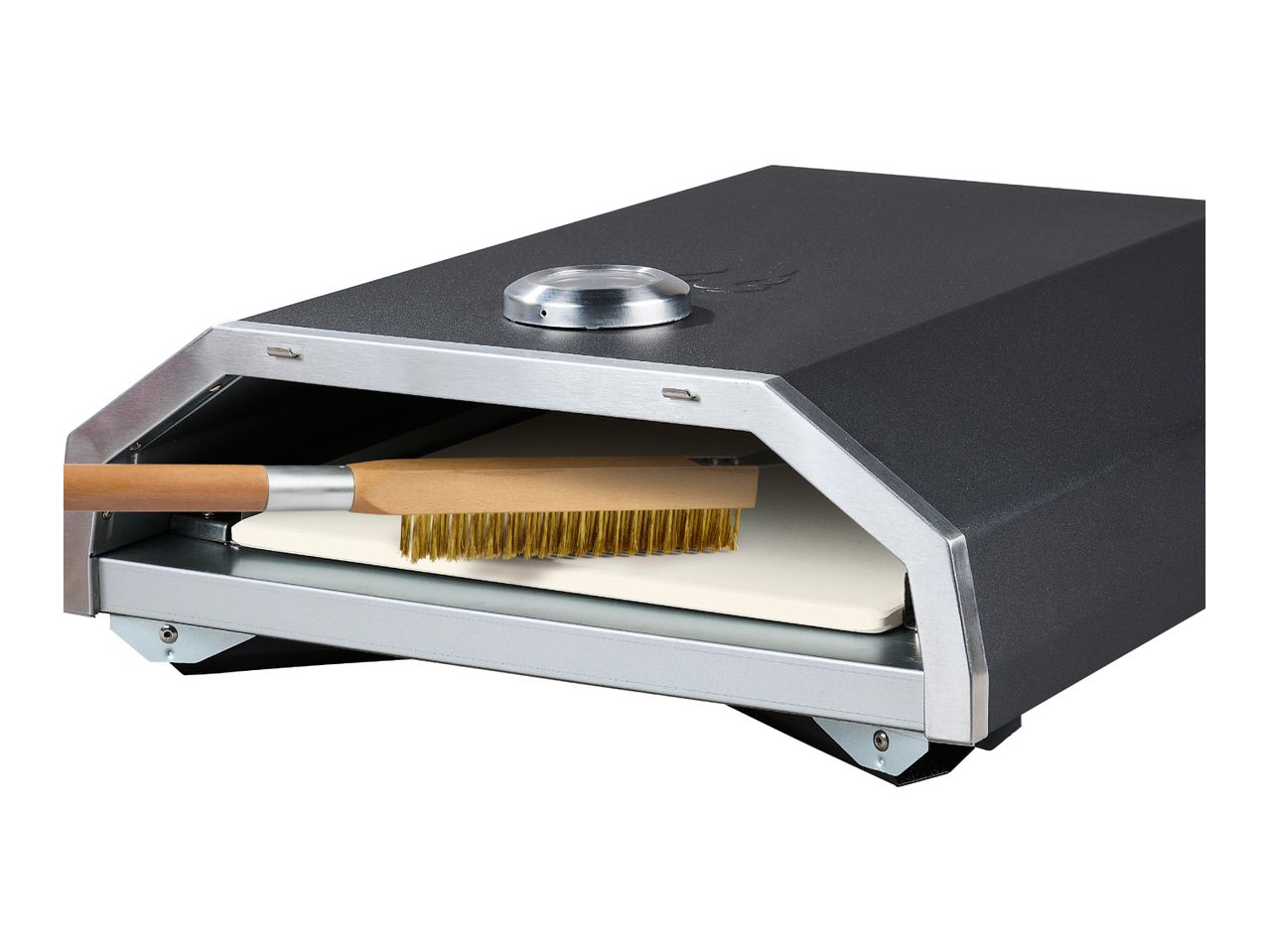 Pizza oven with a cleaning brush inside, on a white background.
