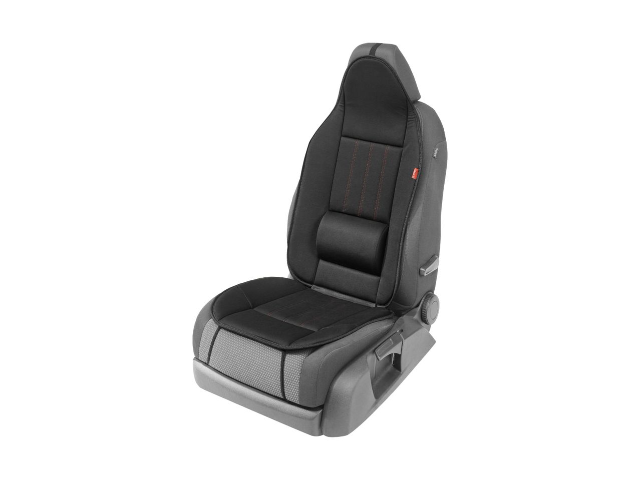A black and gray car seat with integrated headrest.