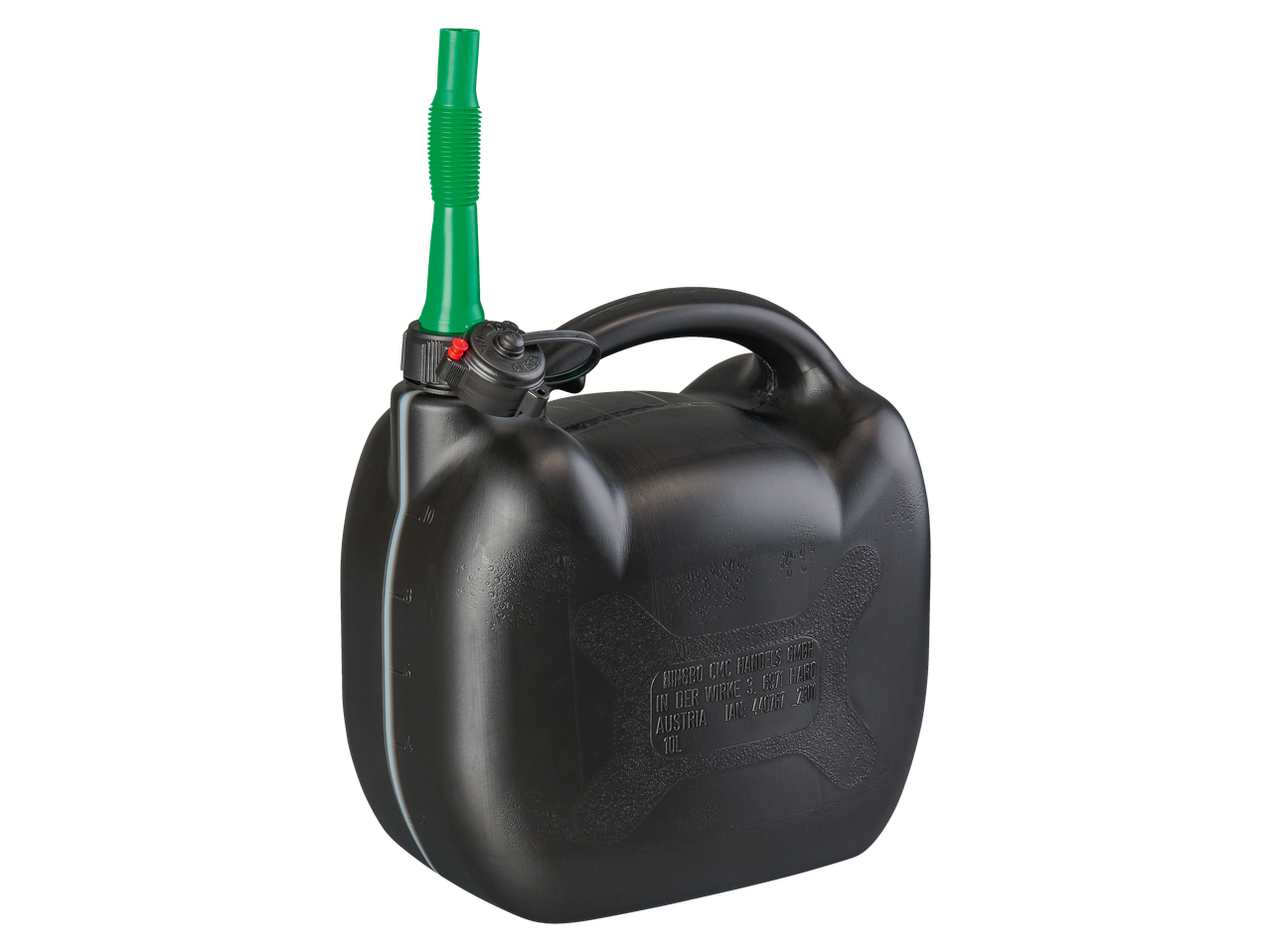 Schwarzer 10L Kraftstoffkanister mit grünem flexiblem Ausgießer, für Diesel gekennzeichnet.