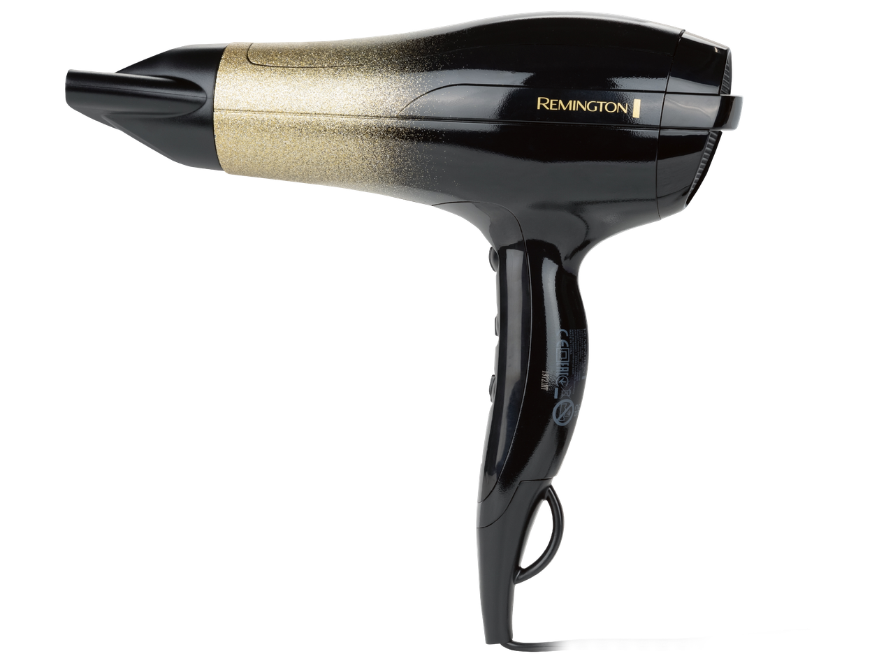 Черна сешоар Remington със златист блясък и приставка за концентриране на въздуха.