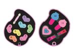 A children's makeup kit with eyeshadows, lipsticks, and blush in a heart-shaped case.