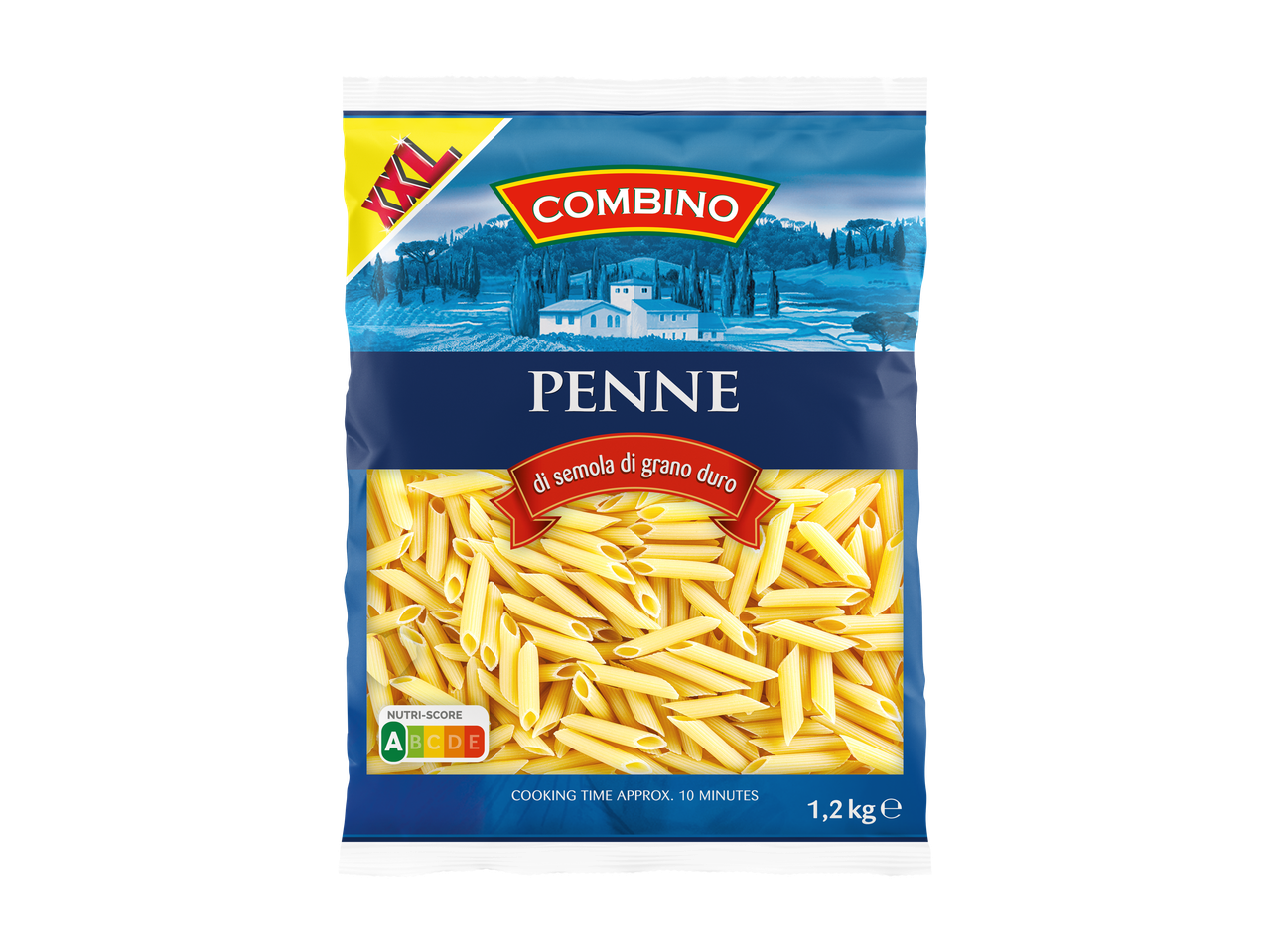 Verpakking Combino Penne Rigate XXL pasta van 1,2 kg met Nutri-Score A.