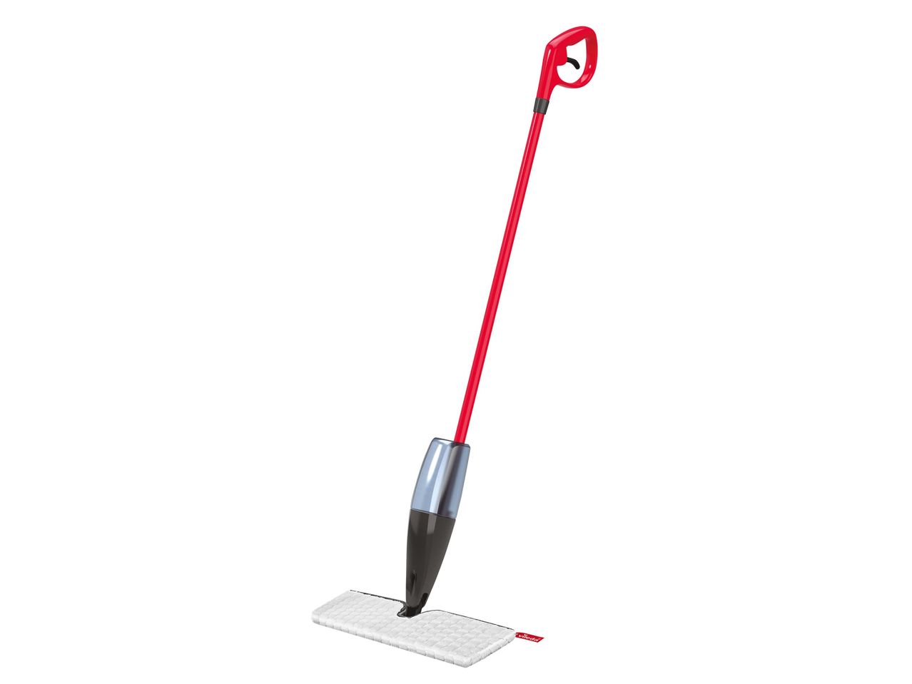 Vileda spray mop, piros nyéllel és fehér mikroszálas kendővel.