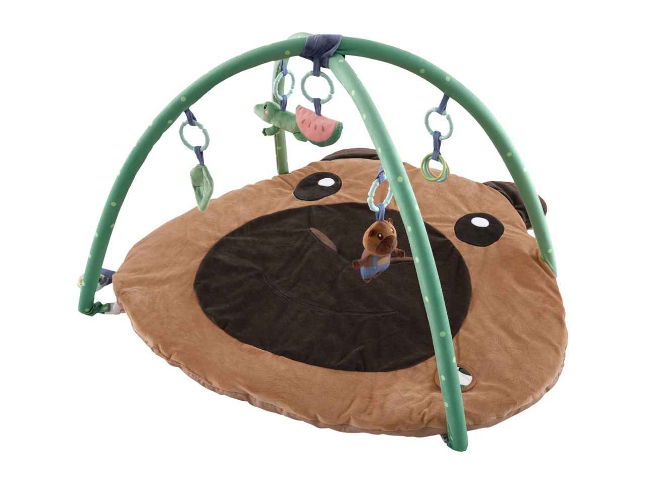 Baby play mat shaped like a brown dog with a green arch and hanging toys.