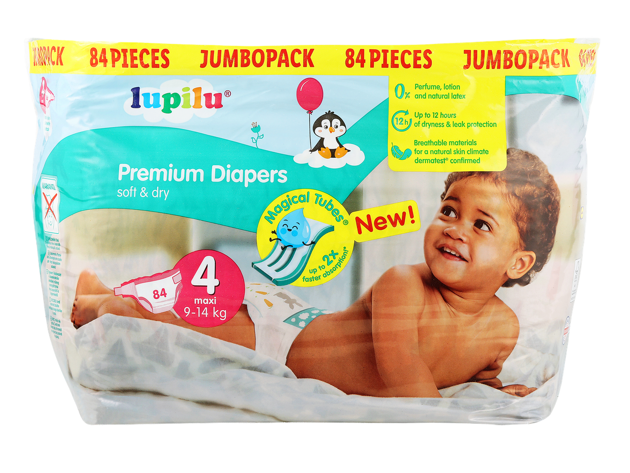 Paket plenic za dojenčke, velikost 4 (9-14 kg), 84 kosov, z oznako 'New! Magical Tubes'.