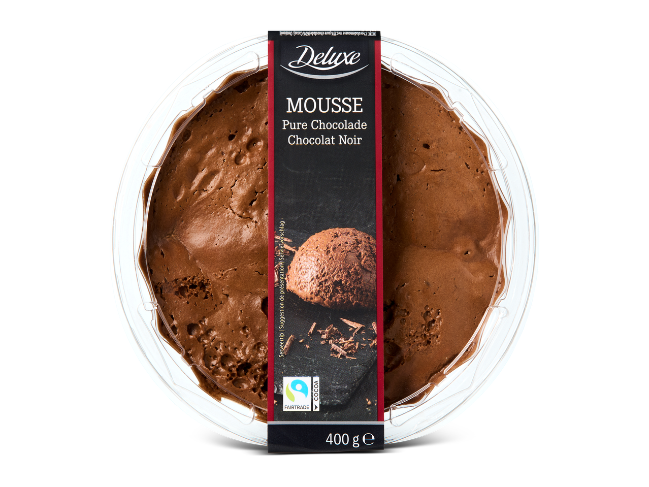 Een ronde verpakking met chocolademousse, met een label waarop 'Mousse Pure Chocolade' staat en '400 g e'.
