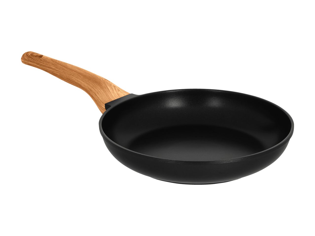 Black frying pan with a light wooden handle