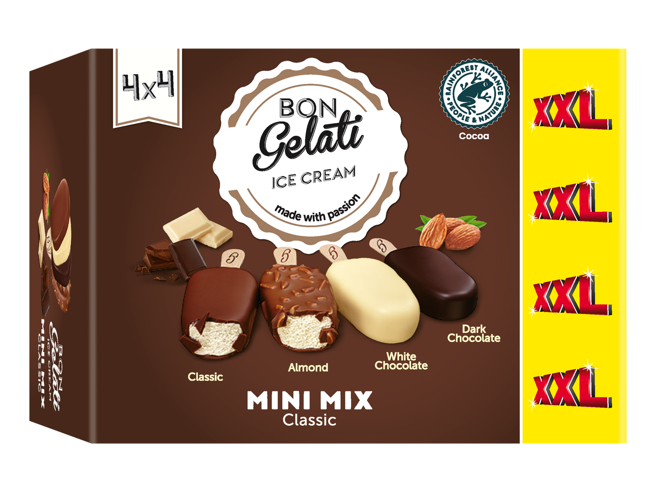 Boîte de mini-crèmes glacées de différentes saveurs : classique, amande, chocolat blanc et chocolat noir.