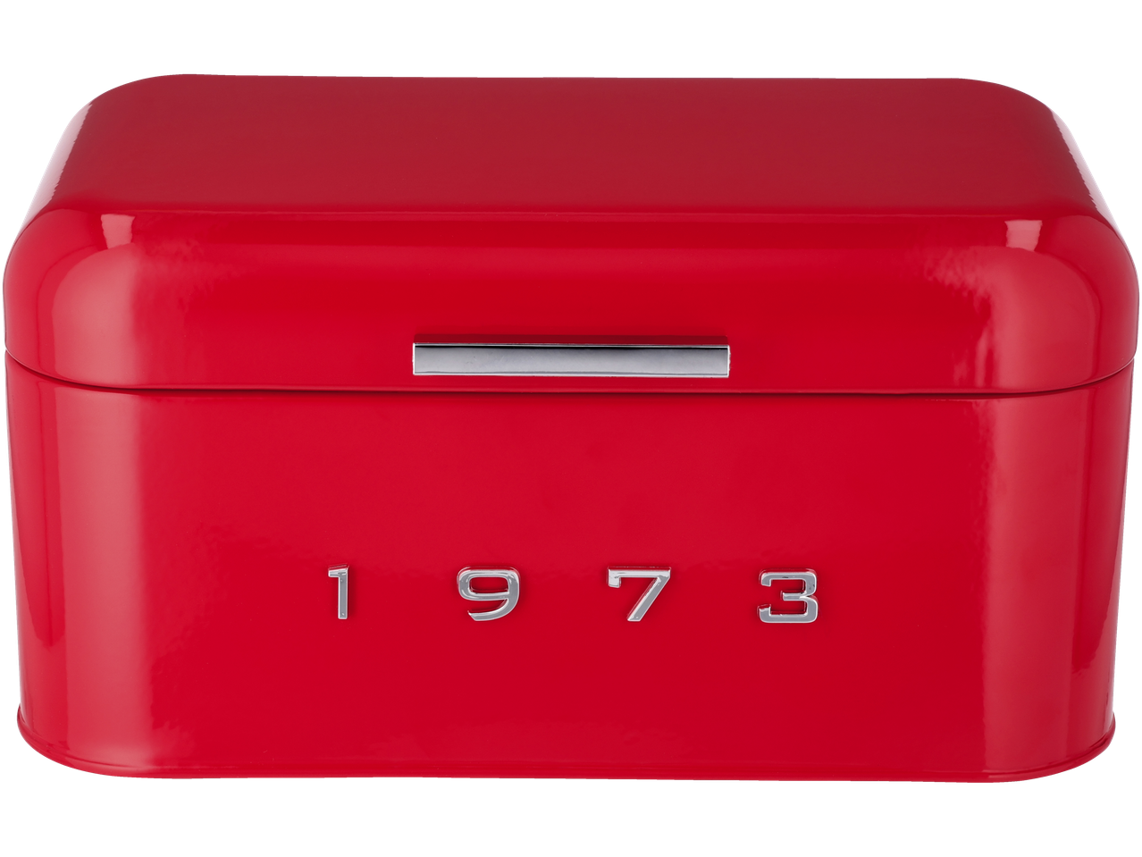 Caixa de pão Smeg vermelha com '1973' gravado na frente.