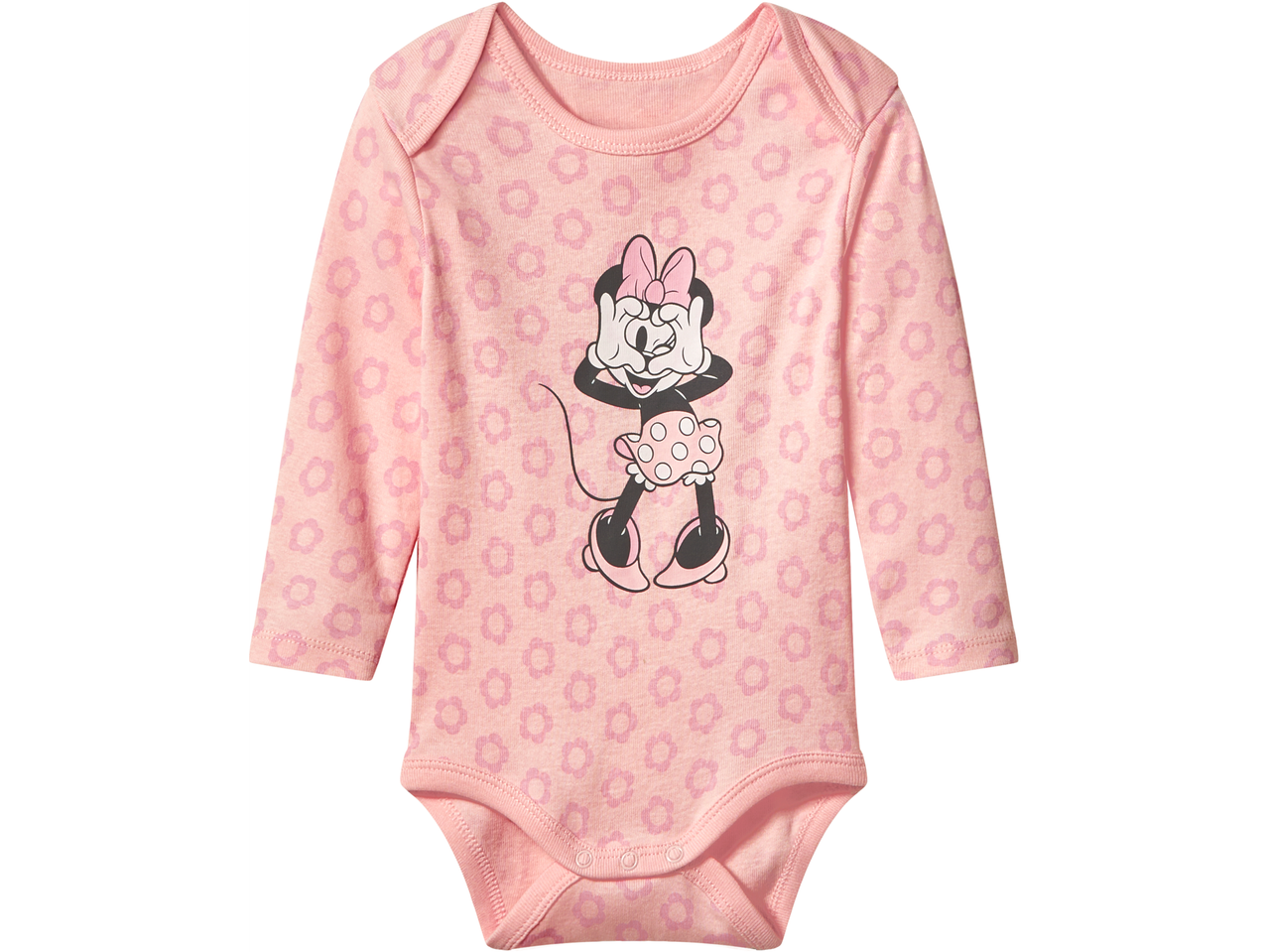 Pink baby long sleeve bodysuit with Minnie Mouse graphic and flower pattern