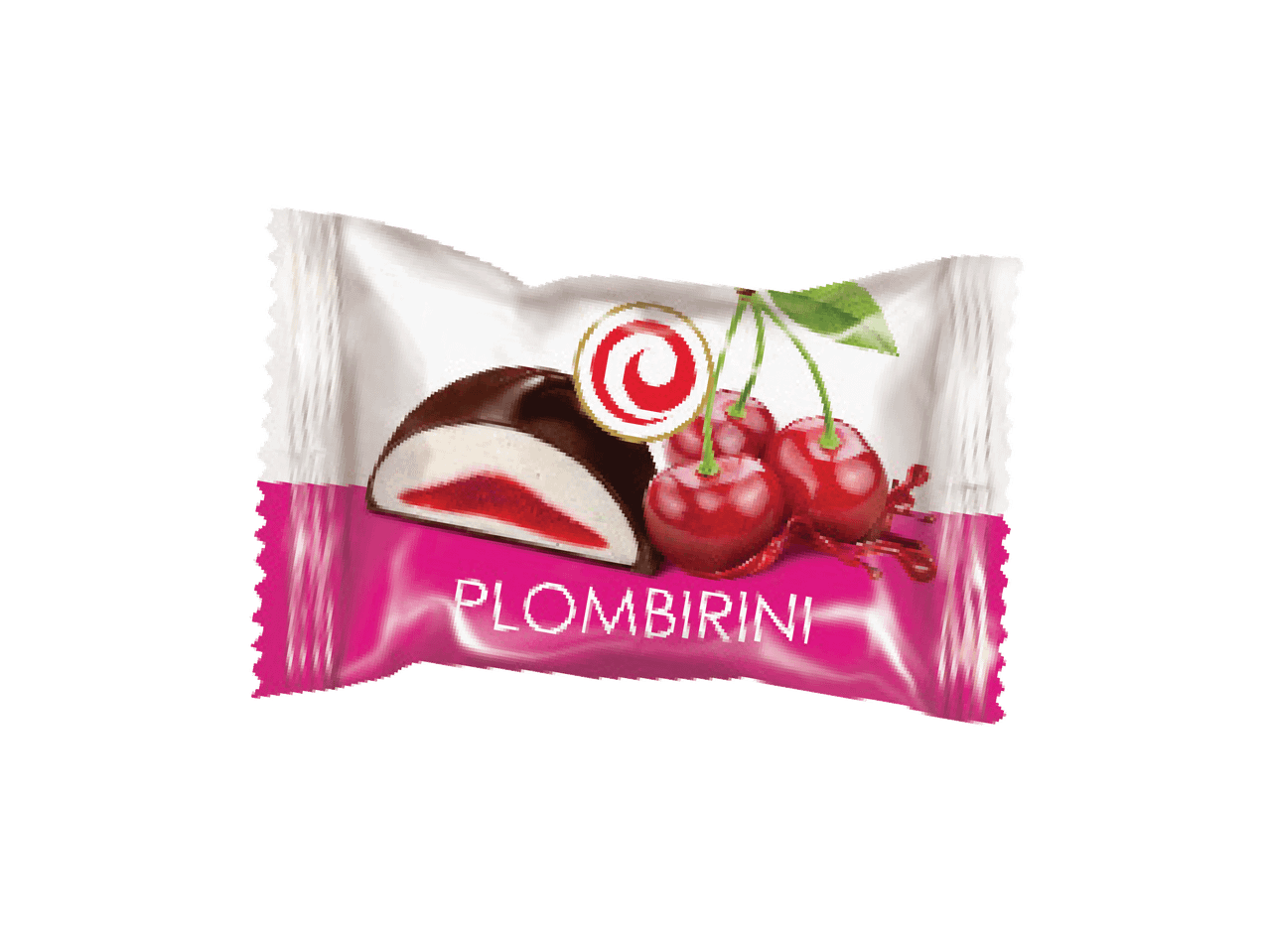 Saldainis su vyšnių įdaru ir vyšniomis ant pakuotės, pavadintas 'PLOMBIRINI'.