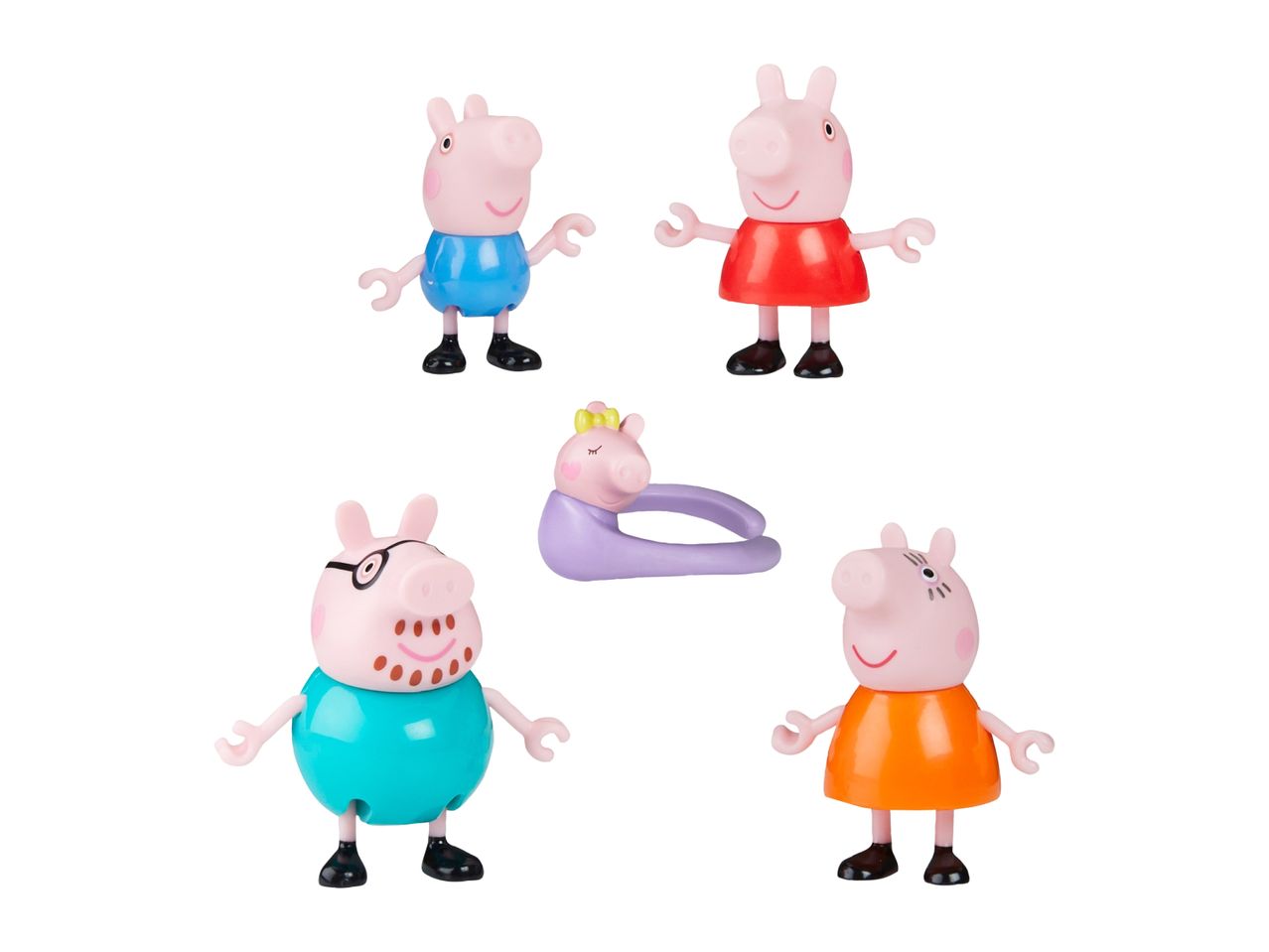 A set of five pig family figures, including two adult pigs, two child pigs, and a baby pig.