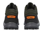 Rear view of dark green and black hiking boots with orange accents