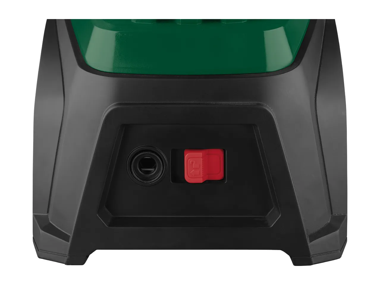 Close-up of a green and black power washer's rear, showing its water inlet and on/off switch.
