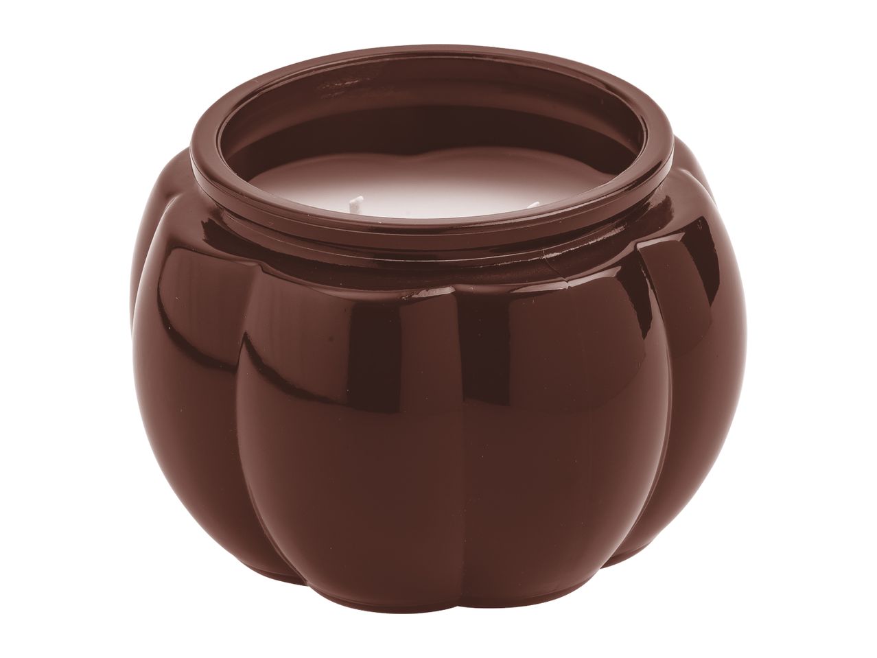 Brown pumpkin-shaped candle in a ceramic holder