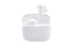 White wireless earbuds in an open charging case, with one earbud standing upright.