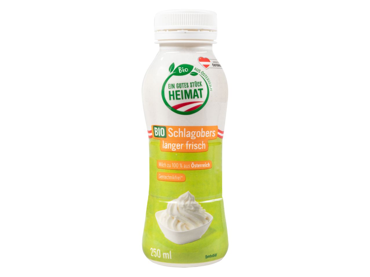 Eine Flasche Bio Schlagobers (Schlagsahne) mit der Aufschrift 'Ein gutes Stück Heimat' und 'länger frisch'.