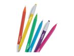 Six colorful pens in red, yellow, green, blue, purple, and pink, with white clips.
