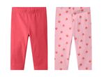 To par leggings til babyer: et par i koralrød og et par i lyserød med jordbærmønster.