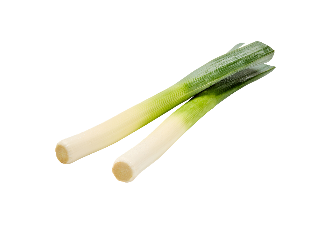 Dois alhos-porós frescos com caules brancos e folhas verdes, dispostos sobre um fundo branco.