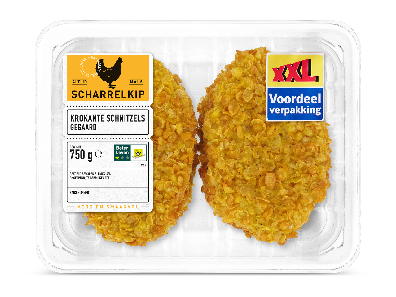 Verpakking met twee krokante kipschnitzels, met labels voor scharrelkip en voordeelverpakking.