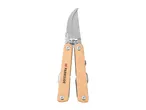 A multi-tool with a curved blade and wooden handles.