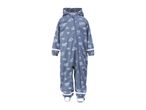 Children's blue waterproof overall with a construction vehicle pattern.