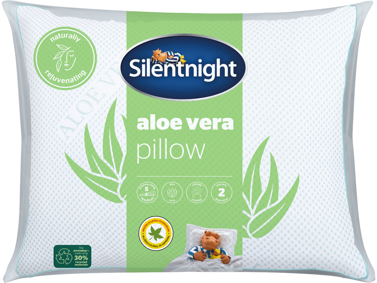 Silentnight Aloe Vera pillow in its packaging, highlighting its natural and calming properties.