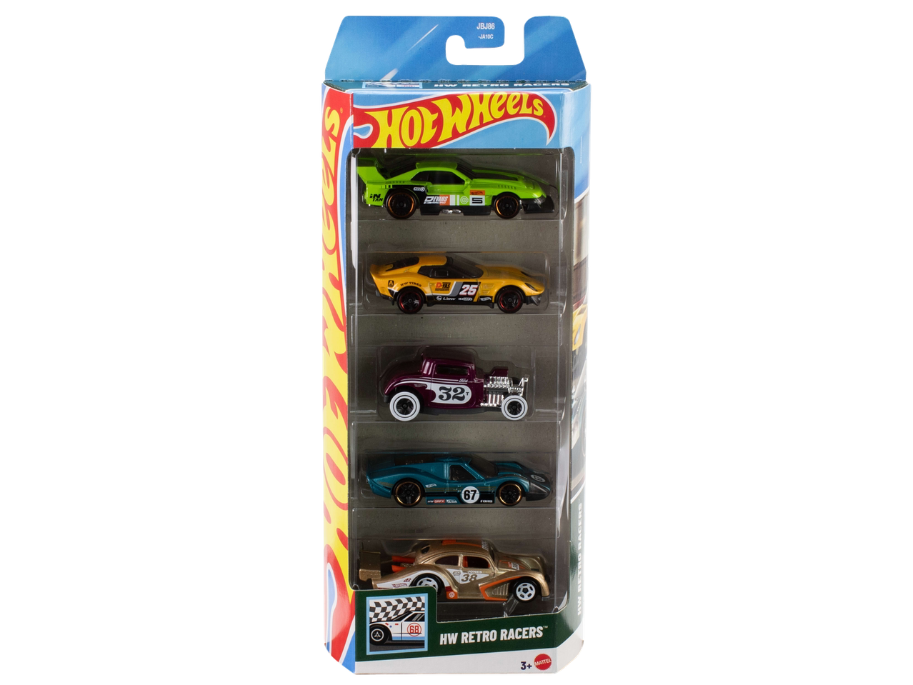 5 Hot Wheels Retro Racers automobiliukų rinkinys įvairiomis spalvomis.