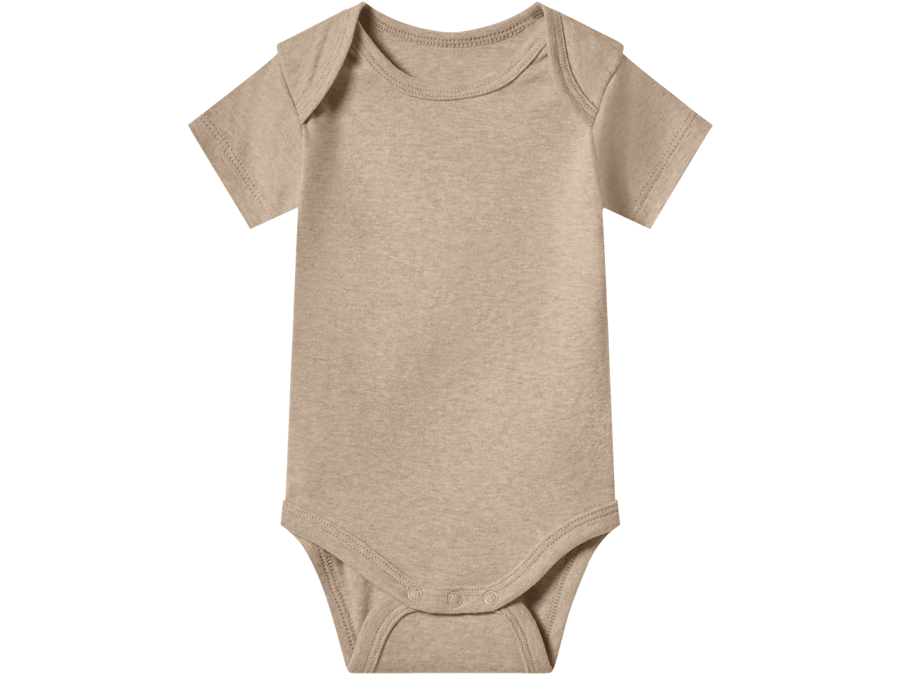 Plain beige short-sleeved baby bodysuit with snap closures at the bottom.