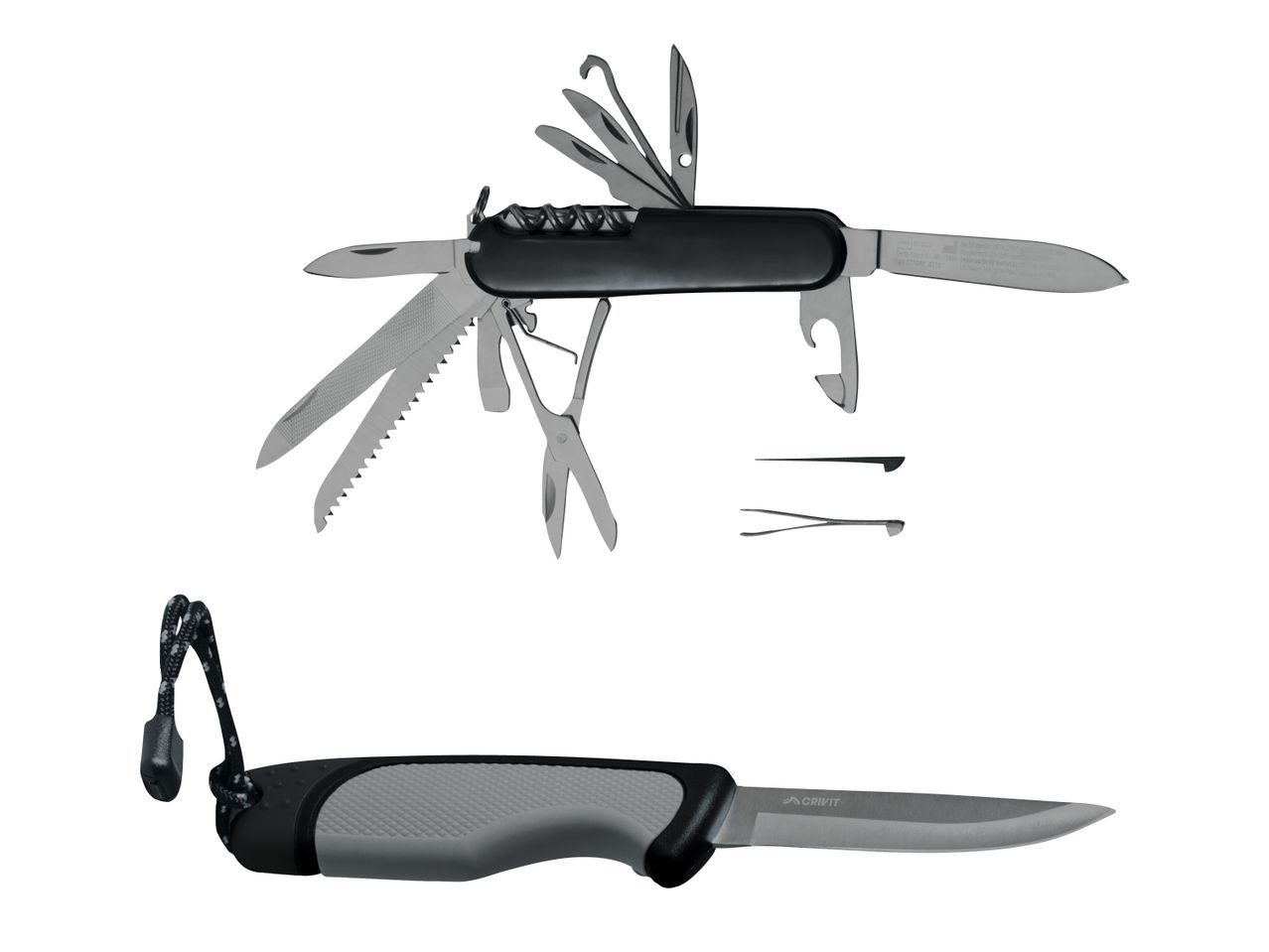 Multifunktionsmesser und feststehendes Messer mit schwarzem und grauem Griff, auf weißem Hintergrund.
