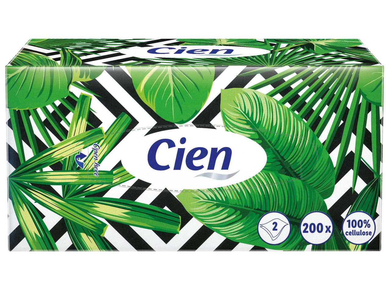 Кутия кърпички Cien с тропически мотив, 200 броя, 100% целулоза.