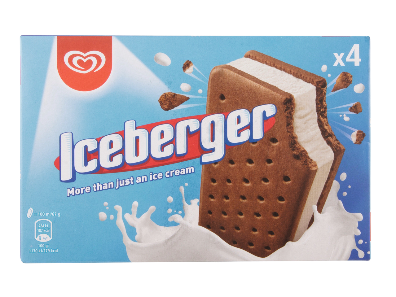 Pack of 4 Iceberger ice cream sandwiches, chocolate and cream.