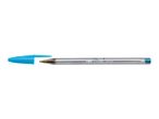 Light blue ballpoint pen with cap removed, showing the tip and ink reservoir.