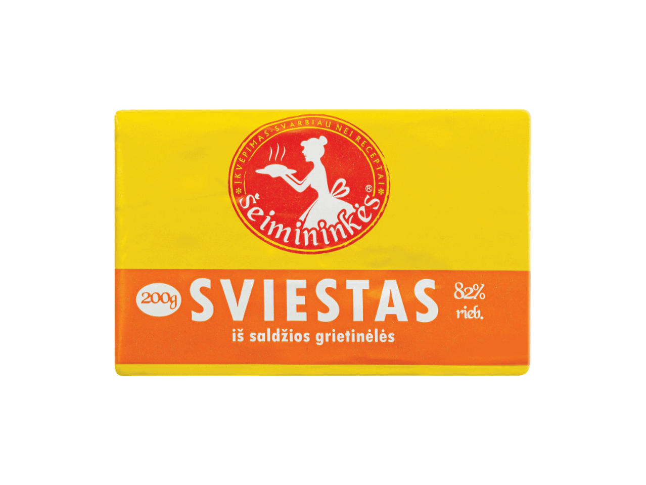 Geltonas sviesto pakelis su oranžine juosta, užrašu „SVIESTAS“ ir virėjos logotipu.