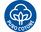 Sigillo blu con la scritta 'PURO COTONE' e un fiore di cotone bianco.