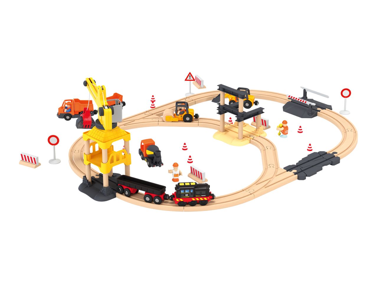 Wooden toy train set with construction vehicles, workers, and accessories on a white background.