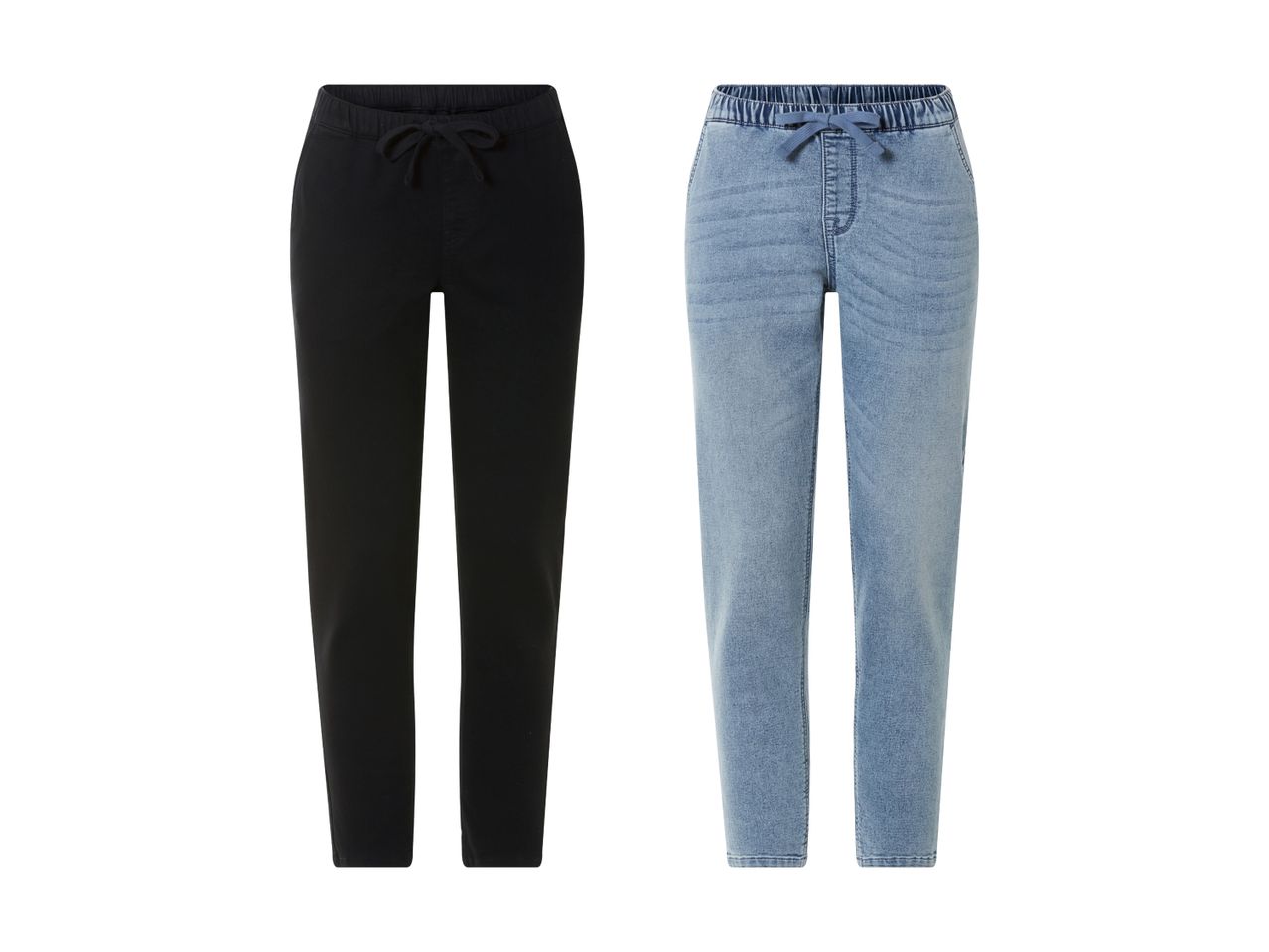 To par bukser: sorte joggingbukser og lyseblå jeans.