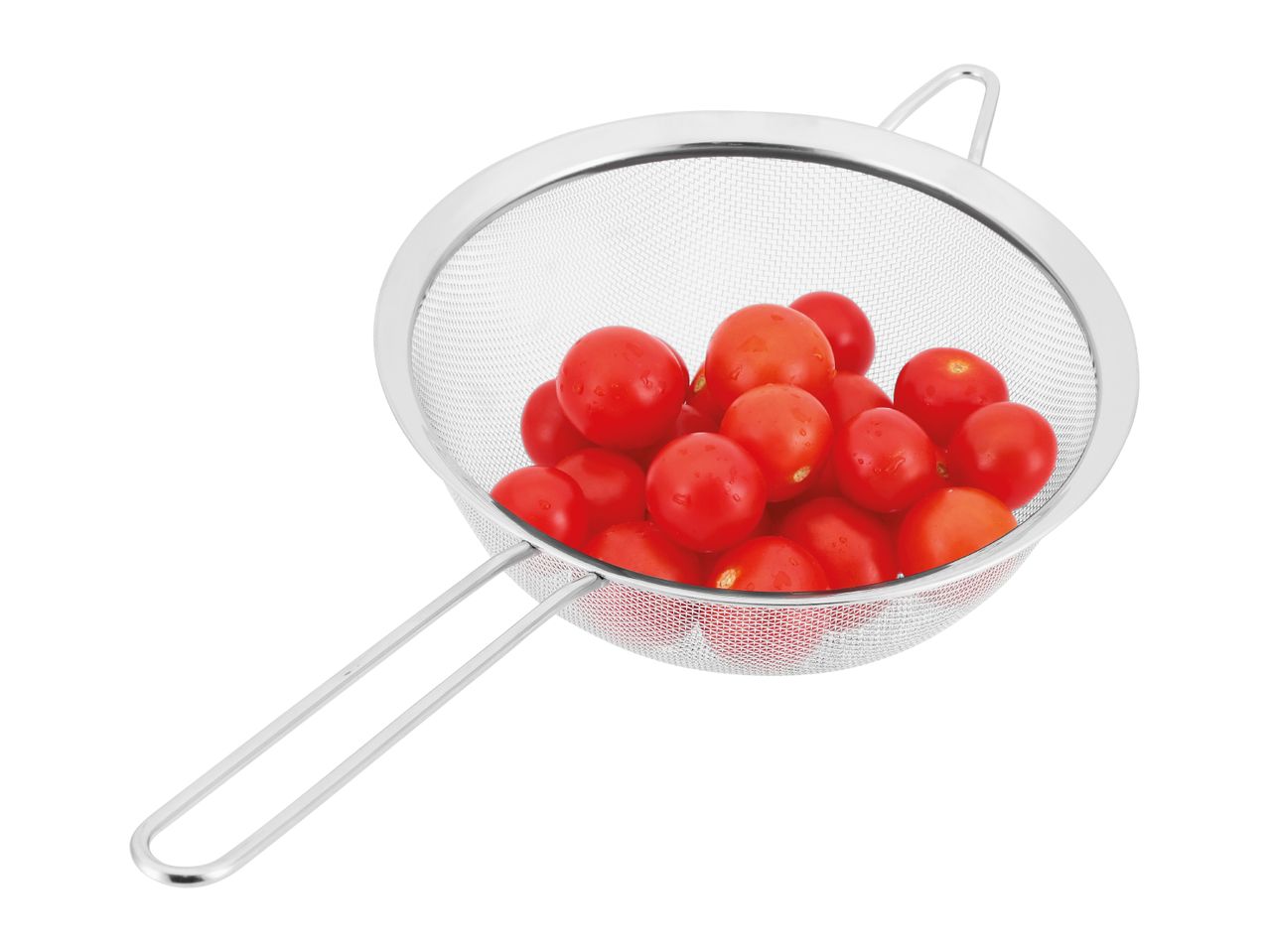 A stainless steel fine-mesh strainer holds a handful of cherry tomatoes.