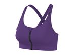 Purple sports bra with a front zipper and black logo details on the straps.