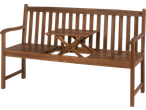 Bancă de grădină din lemn cu masă pliabilă integrată, de culoare maro închis.