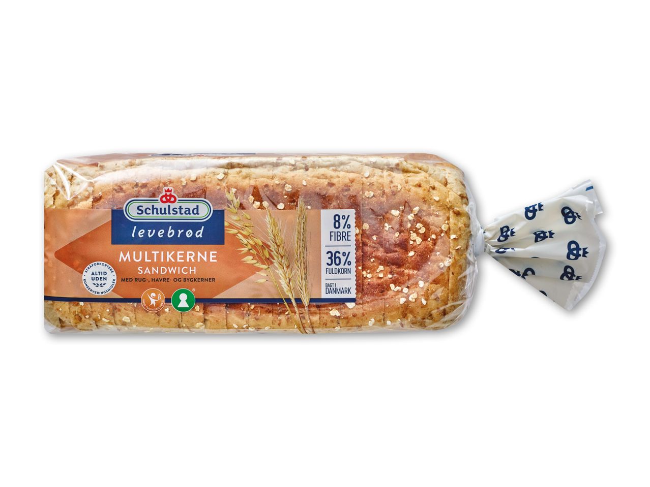 Multikerne sandwichbrød med rug, havre og bygkerner, 8% fibre og 36% fuldkorn.