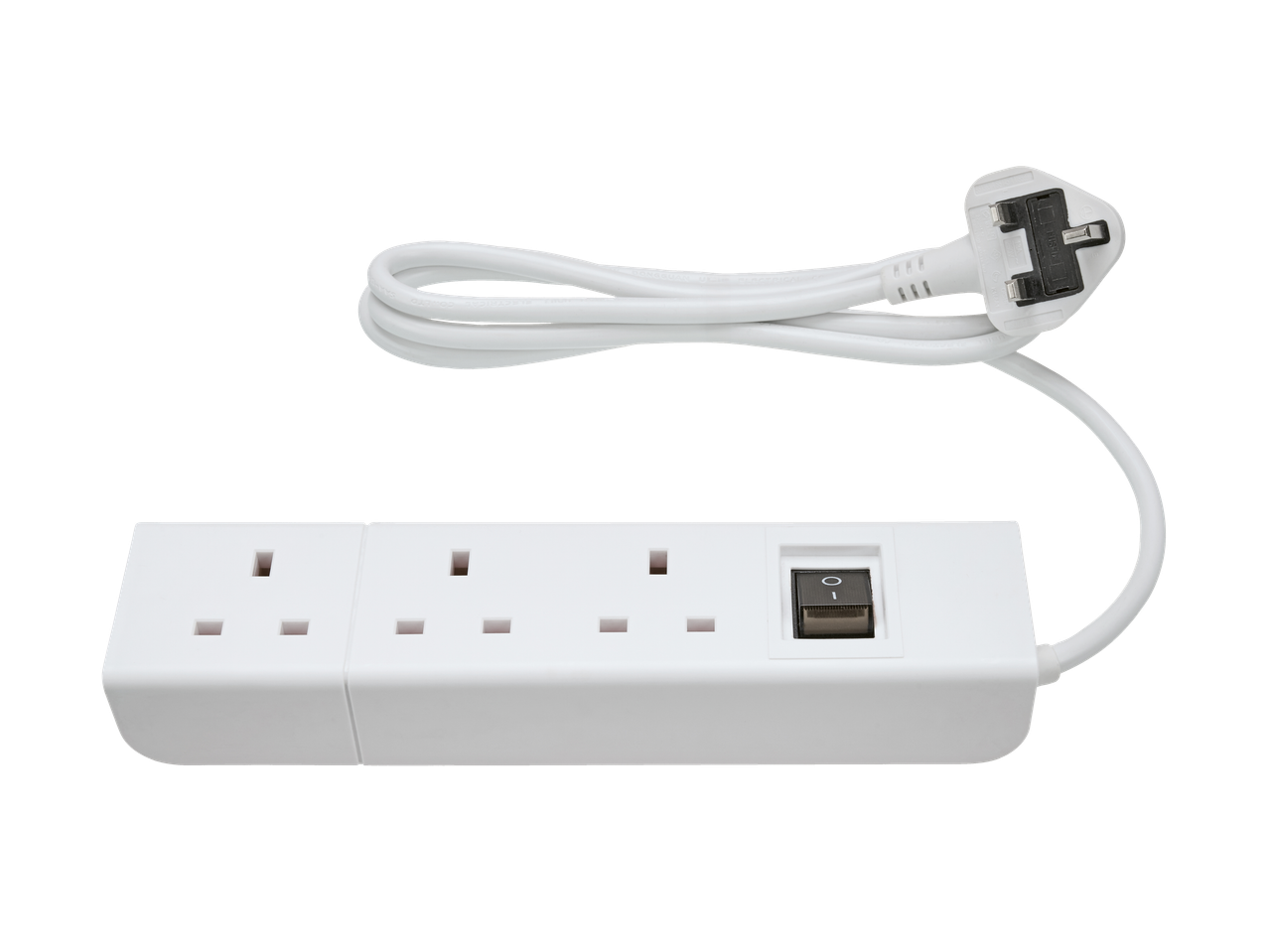 A white three-socket UK power extension lead with an integrated switch.